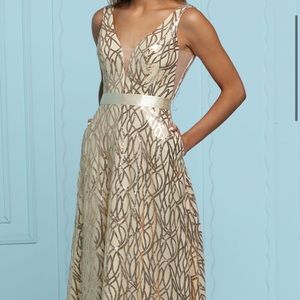 Ashley & Justin champagne sequin long, sleeveless dress with ribbon & pockets